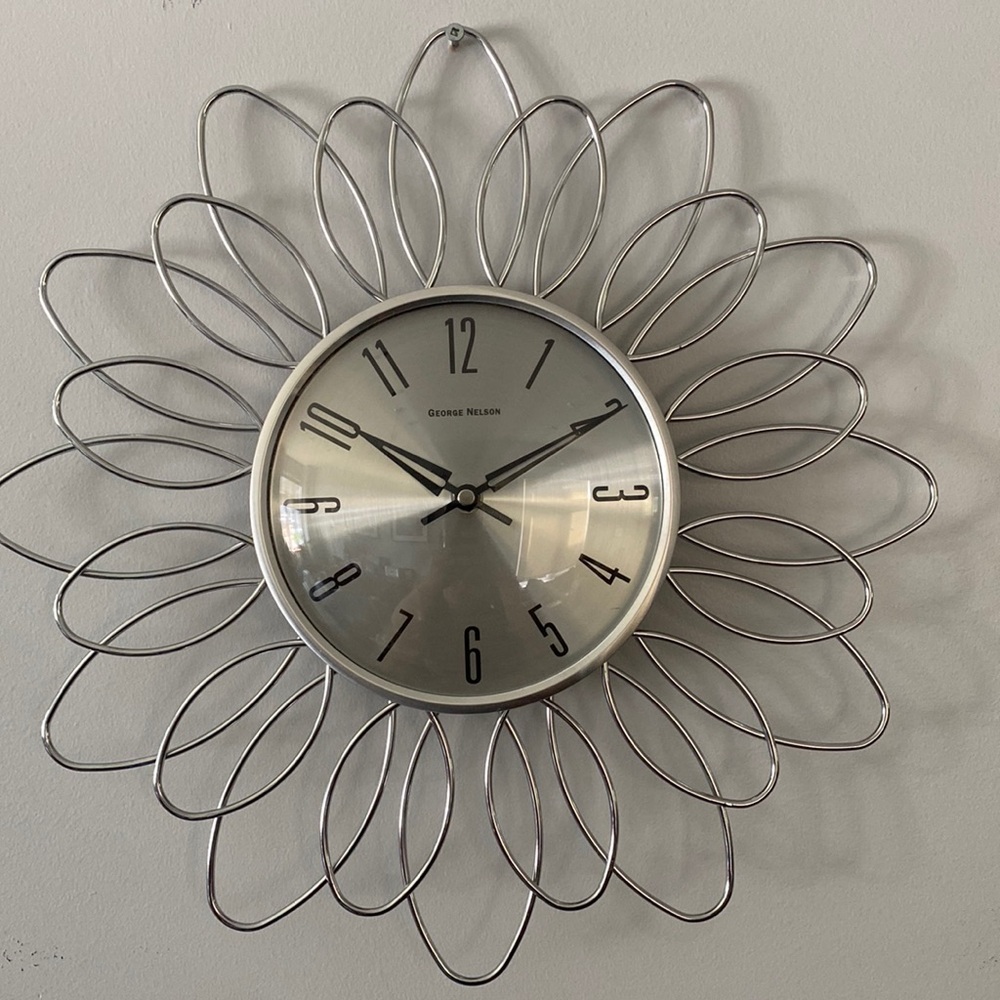 George Nelson Sunburst MCM style Stainless Stainless with Glass Case Wall Clock